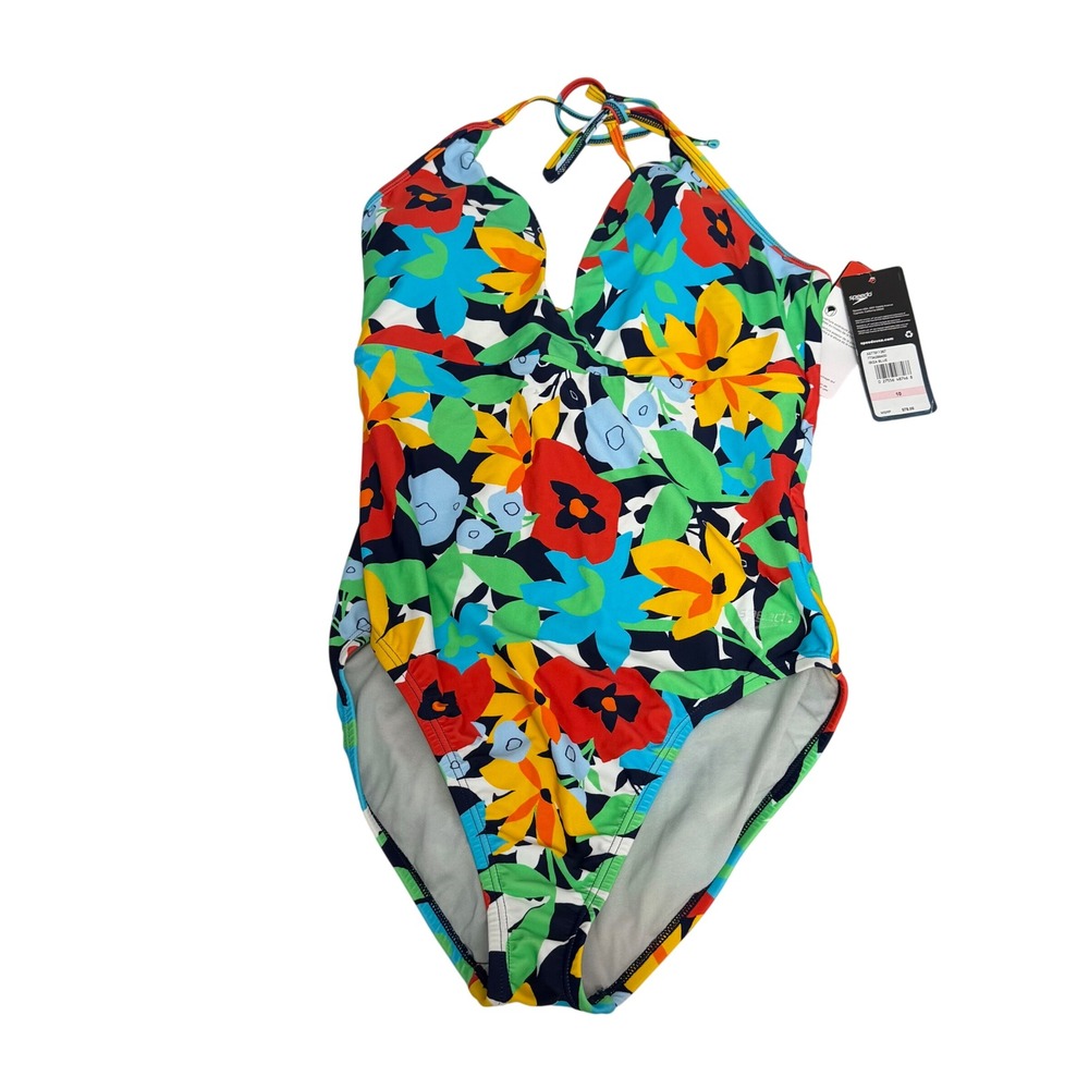 Speedo Estella Ibiza Blue Floral Halter One Piece Swimsuit UPF 50+ Womens 10 NEW